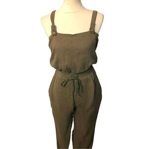 Reset by Jane army green gauzy jumper with tie legs at ankles